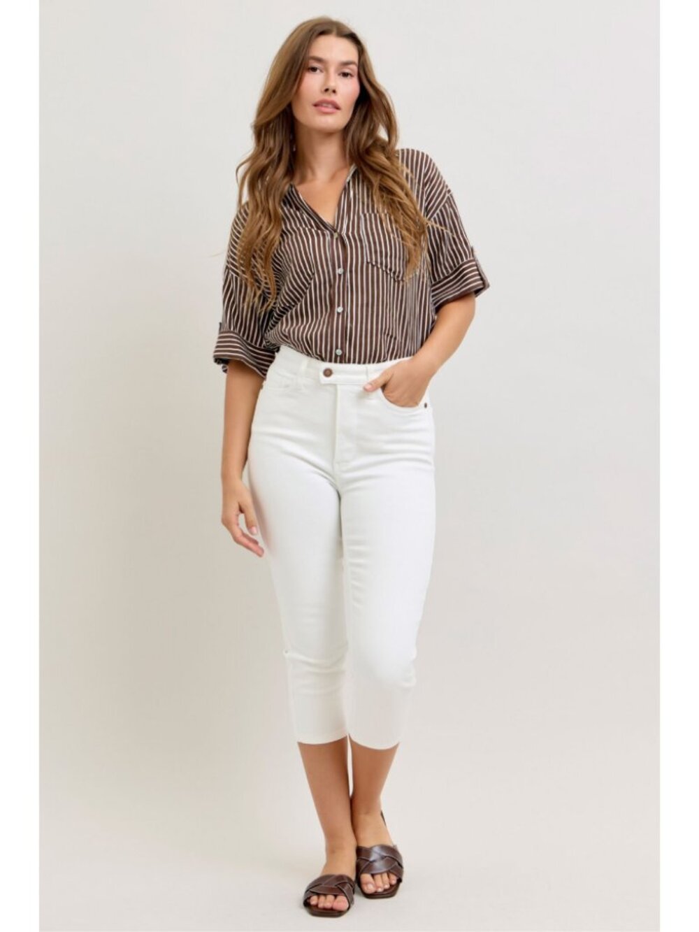 Judy Blue High Waist Tummy Control White Capri Denim Jeans